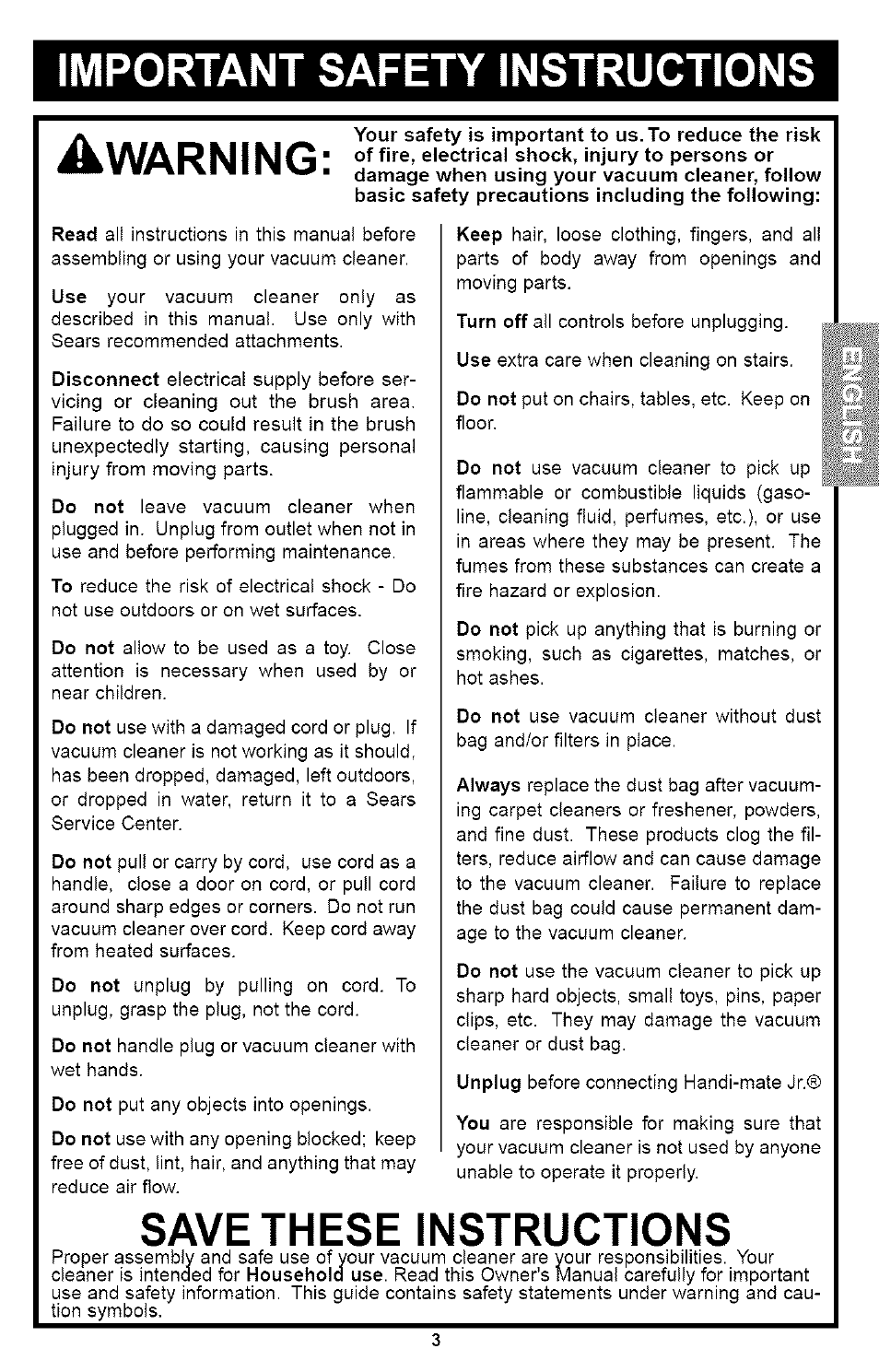 Important safety instructions awarning, Save these instructions | Kenmore ASPIRADORA 116.35923 User Manual | Page 3 / 40