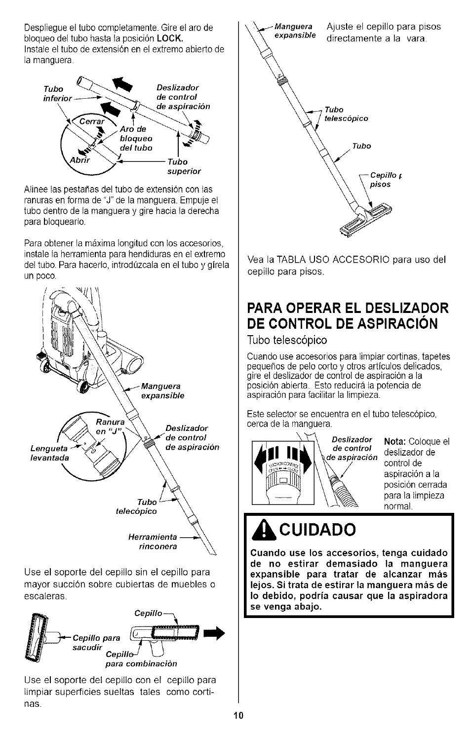 Para operar el deslizador de control de aspiración, Cuidado, Tubo telescópico | Kenmore ASPIRADORA 116.35923 User Manual | Page 30 / 40