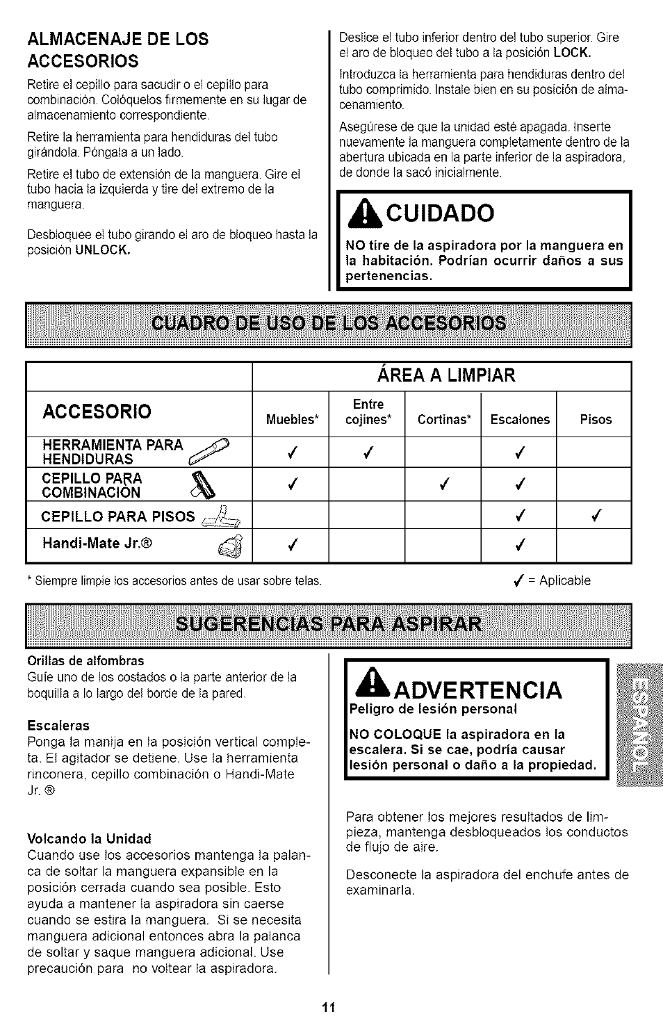 Almacenaje de los accesorios, Cuidado, Cuadro de uso de los accesorios | Sugerencias para aspirar, Advertencia, Accesorio, Área a limpiar | Kenmore ASPIRADORA 116.35923 User Manual | Page 31 / 40