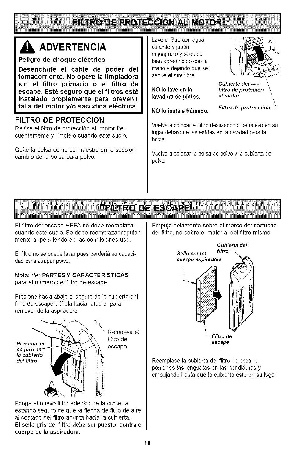 Filtro de proteccion al motor, A advertencia, Filtro de proteccion | Filtro de escape, Filtro de protección al motor filtro de escape, Advertencia | Kenmore ASPIRADORA 116.35923 User Manual | Page 36 / 40