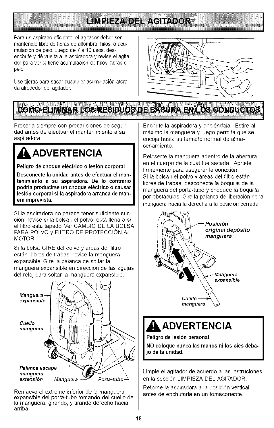 Limpieza del agitador, Advertencia | Kenmore ASPIRADORA 116.35923 User Manual | Page 38 / 40