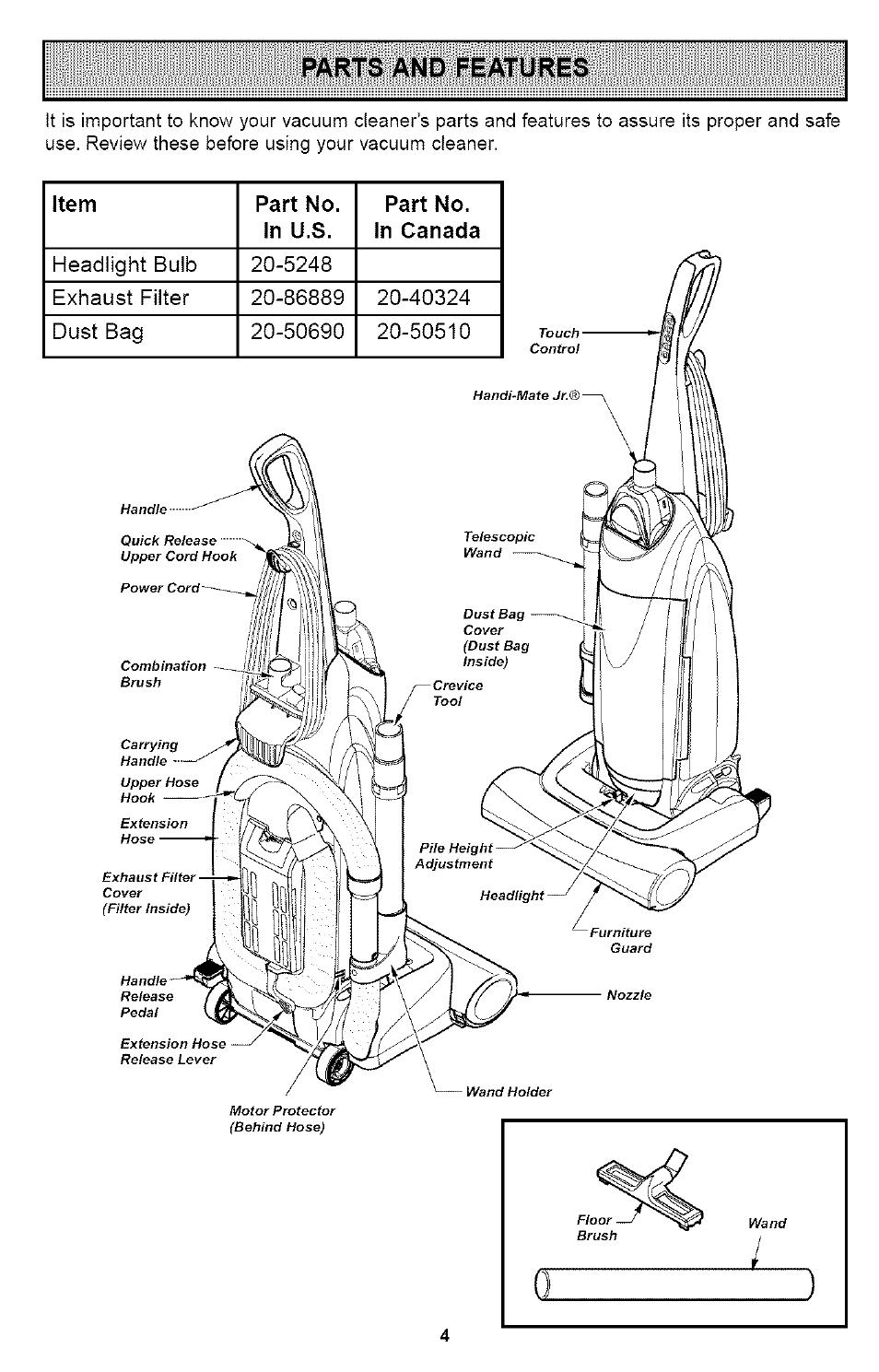 Parts and features, Item part no. in u.s. part no. in canada, M ’ ' i | Kenmore ASPIRADORA 116.35923 User Manual | Page 4 / 40