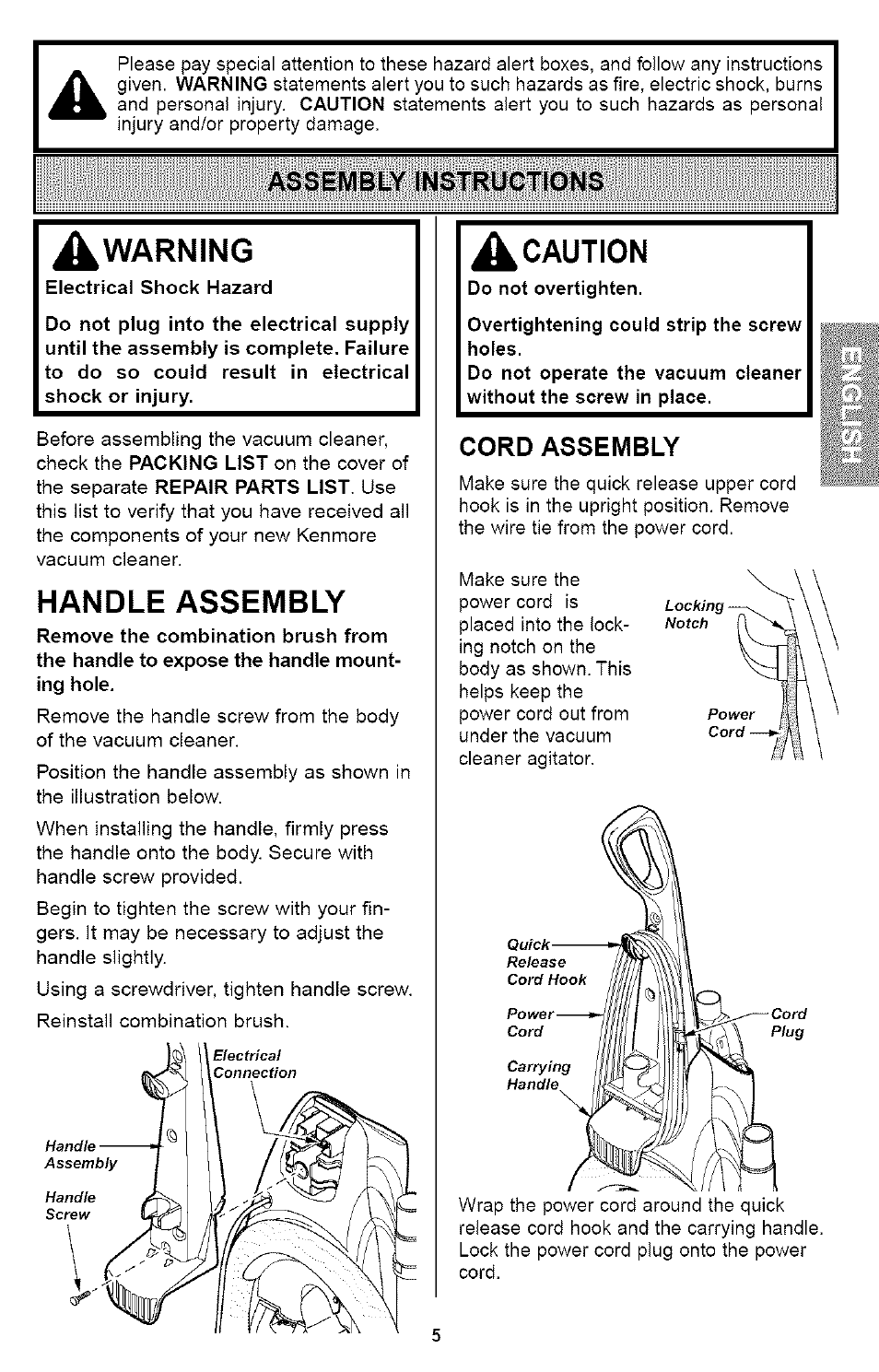 Assembly instructions, Warning, Handle assembly | Cord assembly, Caution | Kenmore ASPIRADORA 116.35923 User Manual | Page 5 / 40