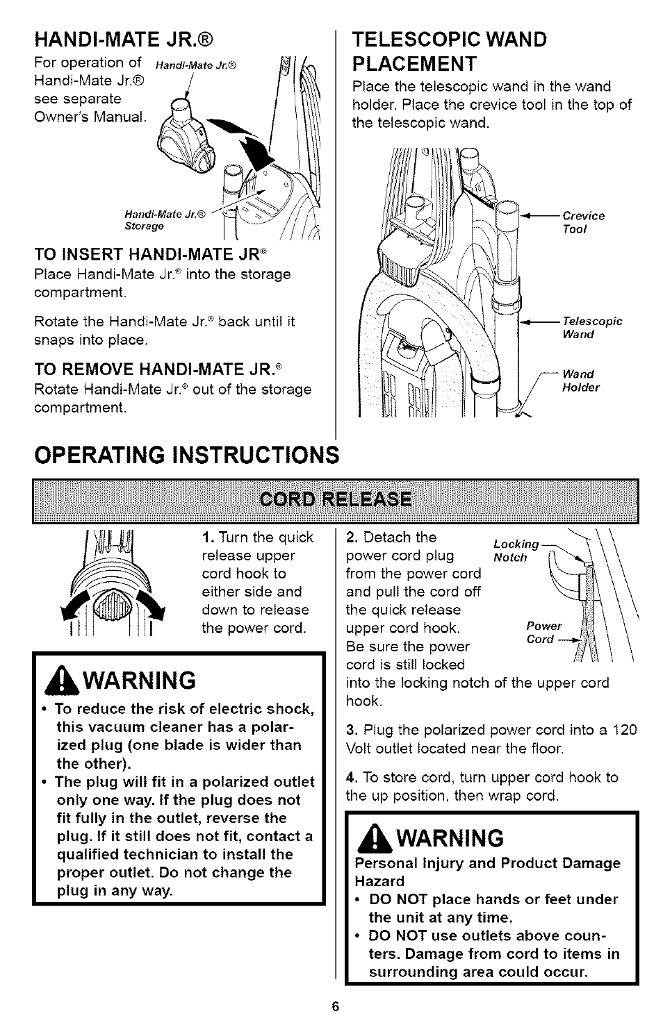 Handi-mate jr, Operating instructions, Telescopic wand placement | Cord release, Warning, A warning | Kenmore ASPIRADORA 116.35923 User Manual | Page 6 / 40