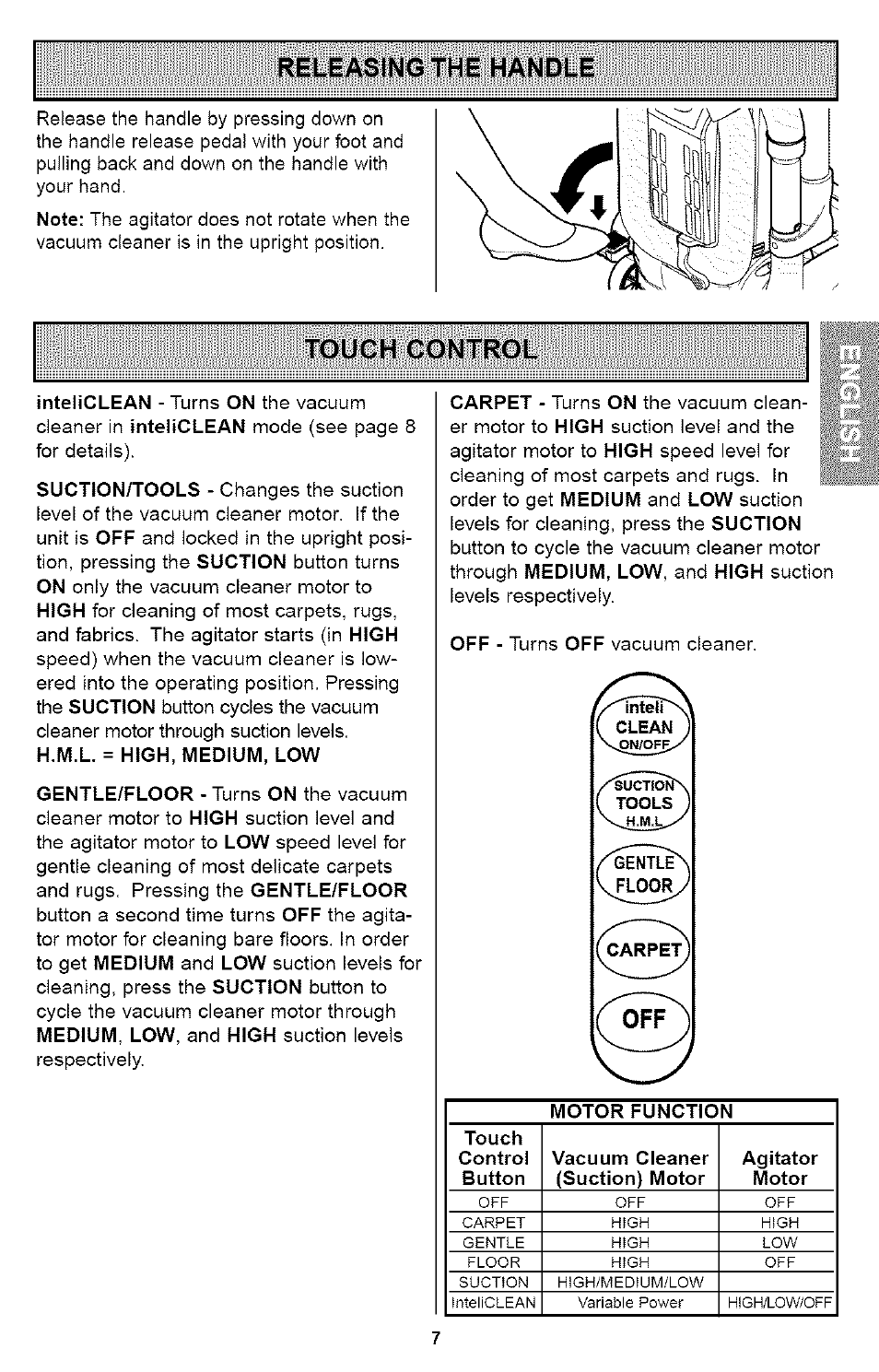 Releasing the handle, Touch control | Kenmore ASPIRADORA 116.35923 User Manual | Page 7 / 40