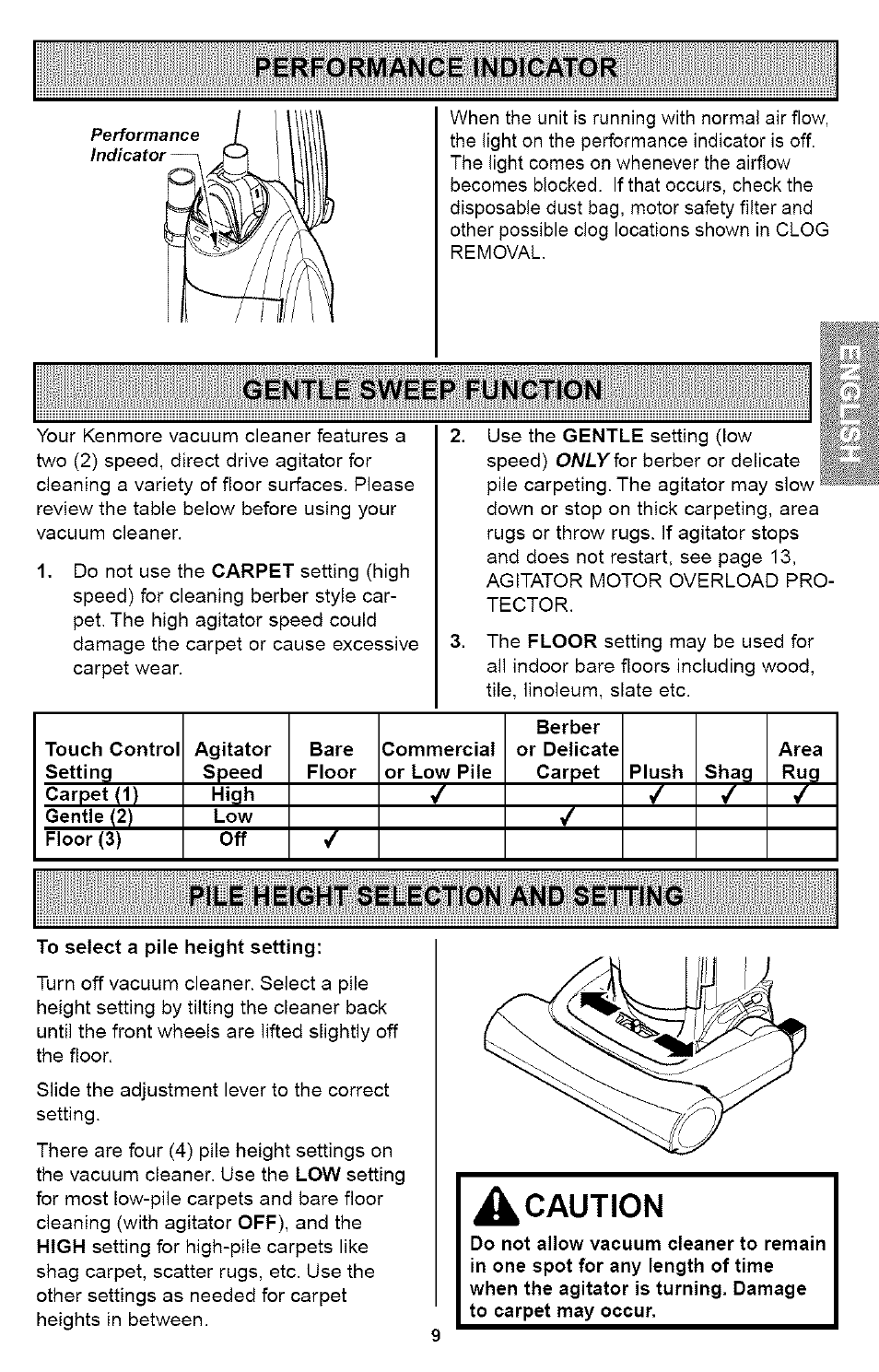 Gentle sweep function, Caution, Pile height selection and setting | Only^or | Kenmore ASPIRADORA 116.35923 User Manual | Page 9 / 40