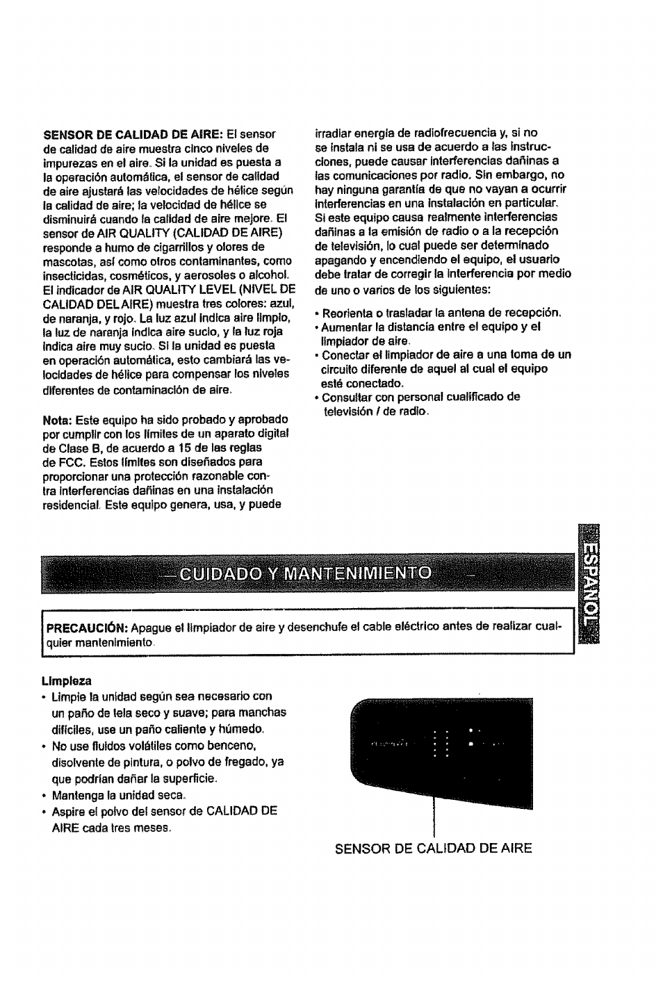 Cuidado y mantenimiento, Limpieza, Sensor de calidad de aire | Kenmore PLASMAWAVE 85450 User Manual | Page 20 / 25