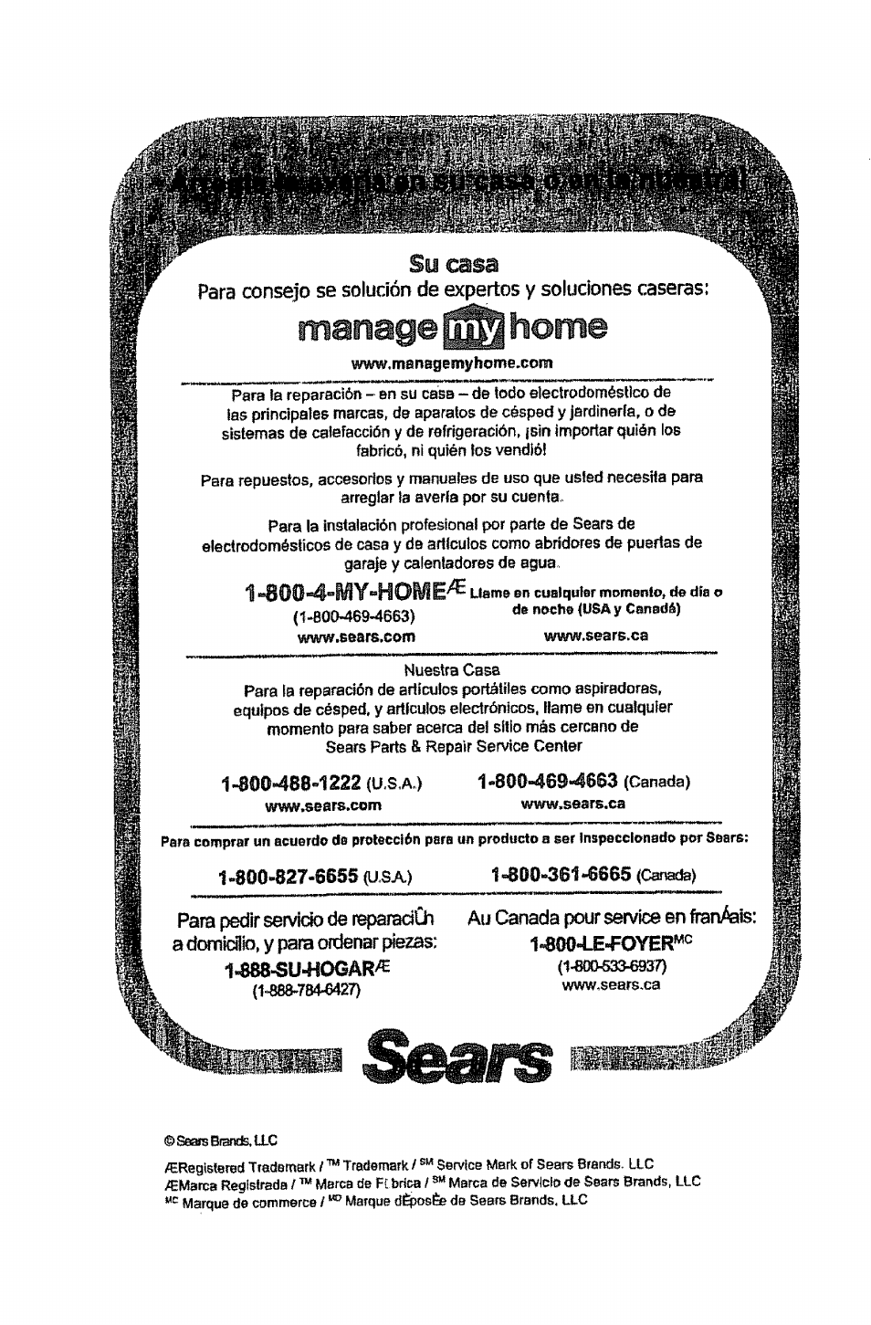 800-488-1222 (u.s.a.), 800-827-6655 (usa) 1 -800-361-6665 (canada), Su casa | Manage home | Kenmore PLASMAWAVE 85450 User Manual | Page 25 / 25