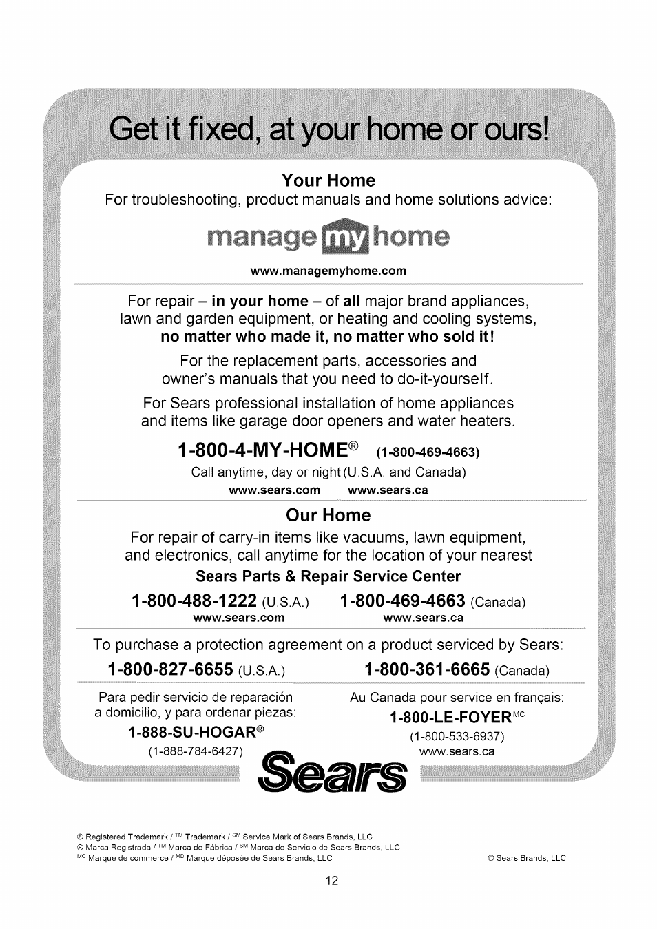 888-su-hogar, Get it fixed, at your home or ours, 800-4-my-home® (i | Your home, Our home | Kenmore 253.79184 User Manual | Page 12 / 12