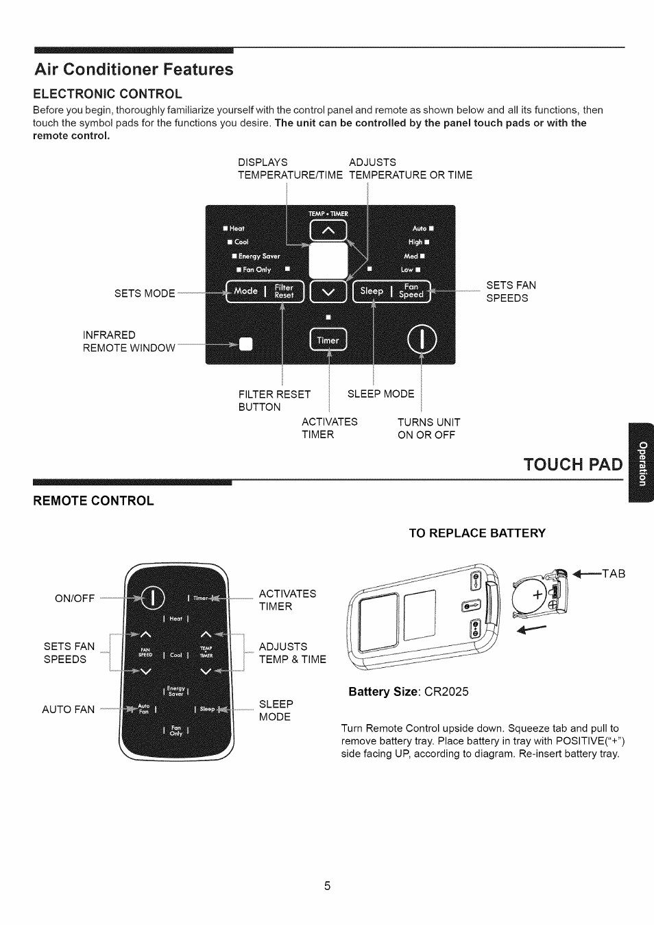 Q3 cd, Air conditioner features, Touch pad | Kenmore 253.79184 User Manual | Page 5 / 12