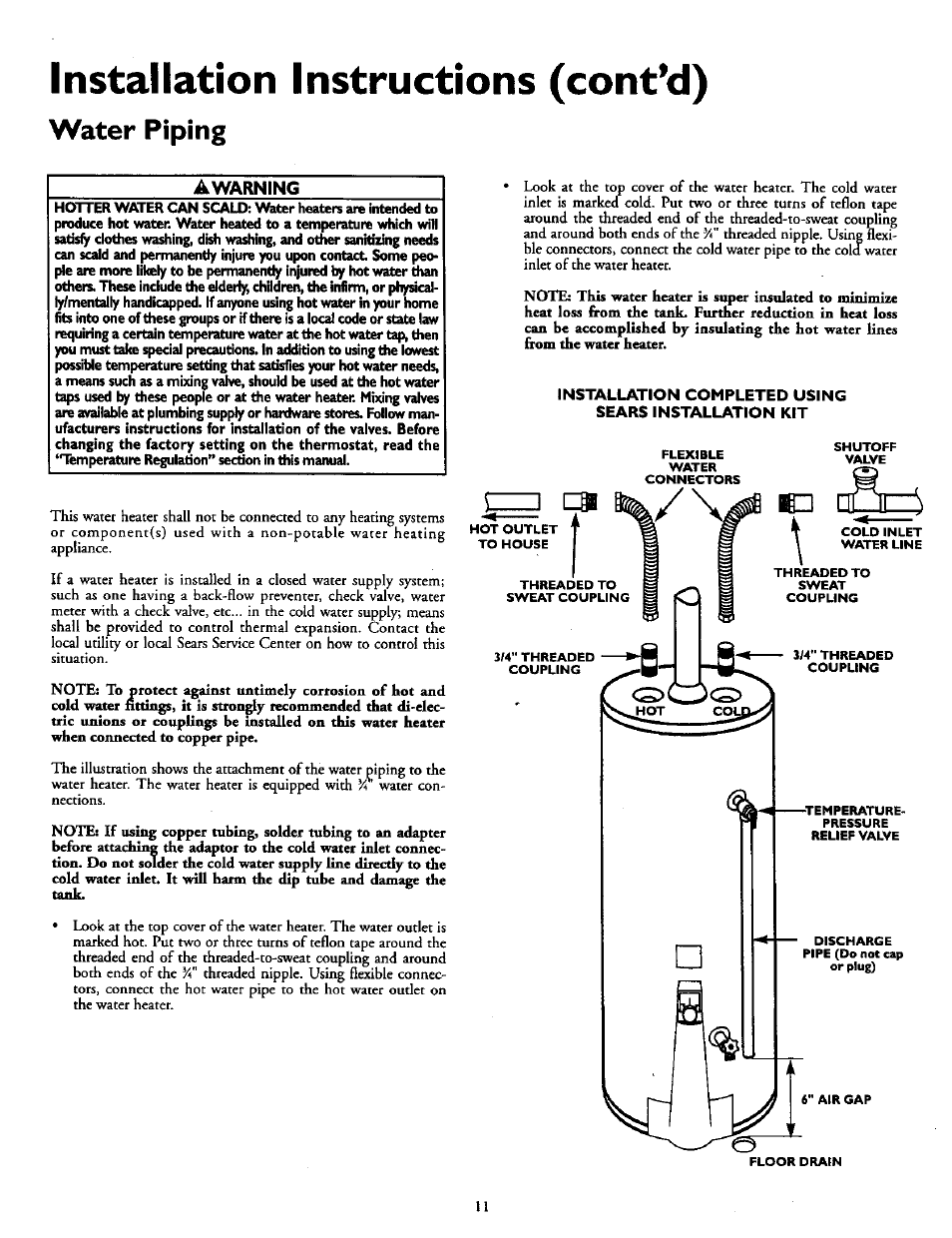 Installation instructions (cont*d), Water piping | Kenmore POWER MISER 153.336951 User Manual | Page 11 / 28