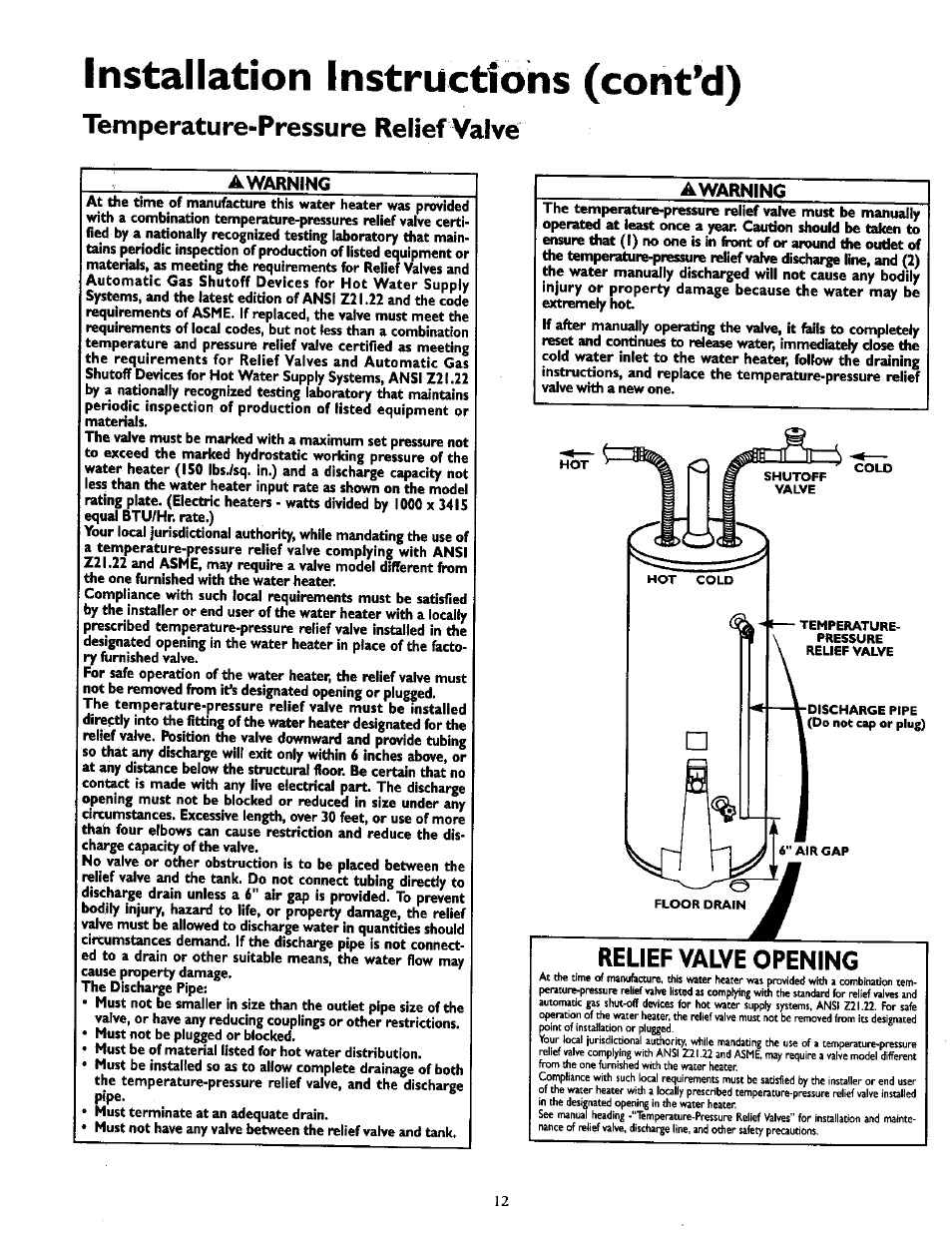 Installation instructions (cont’d), Temperature-pressure relief valve, A warning | Awarning, Relief valve opening | Kenmore POWER MISER 153.336951 User Manual | Page 12 / 28