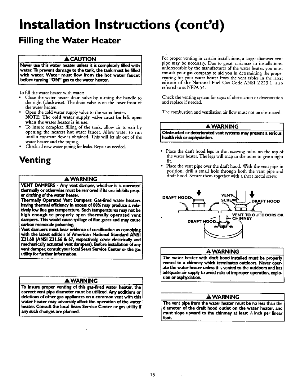 Filling the water heater, Venting, Awarning | Removing the old water heater, Venting -14, Installation instructions (contad), Y . i | Kenmore POWER MISER 153.336951 User Manual | Page 13 / 28