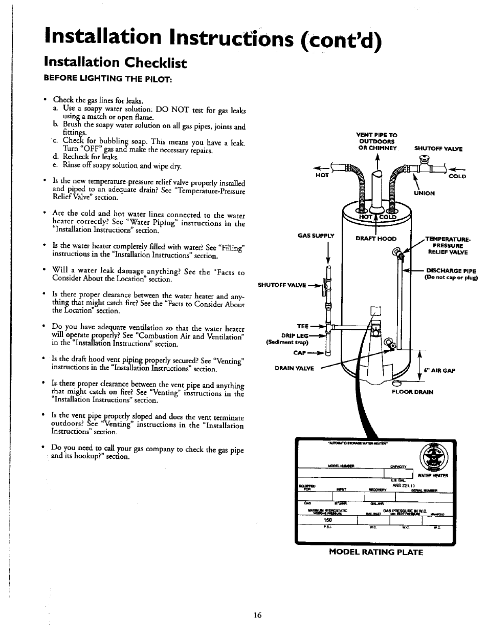 Installation instructions (cont’d), Installation checklist | Kenmore POWER MISER 153.336951 User Manual | Page 14 / 28