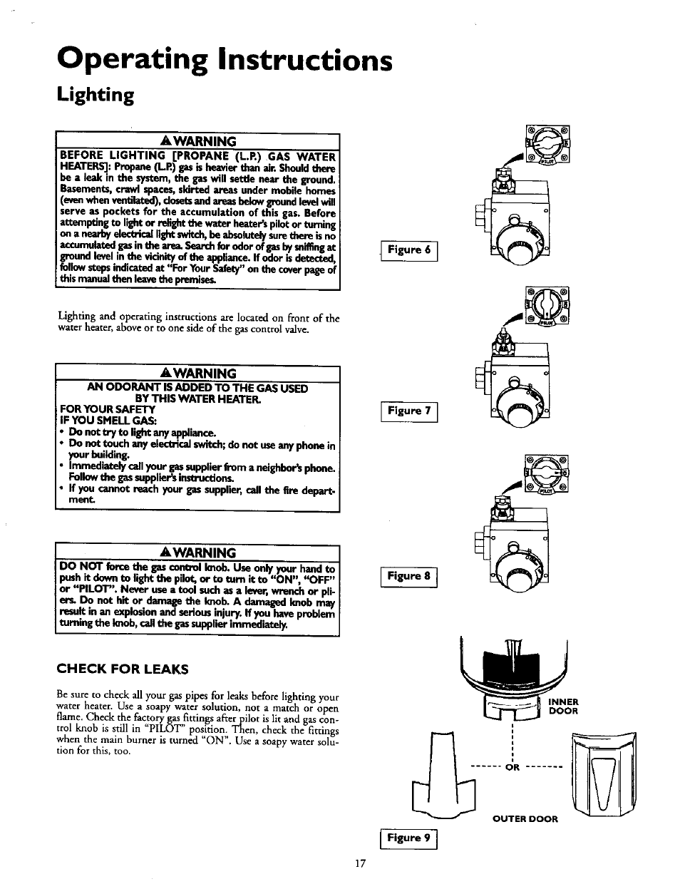 Operating instructions, Lighting, Awarning | Check for leaks, Lighting -18 | Kenmore POWER MISER 153.336951 User Manual | Page 15 / 28