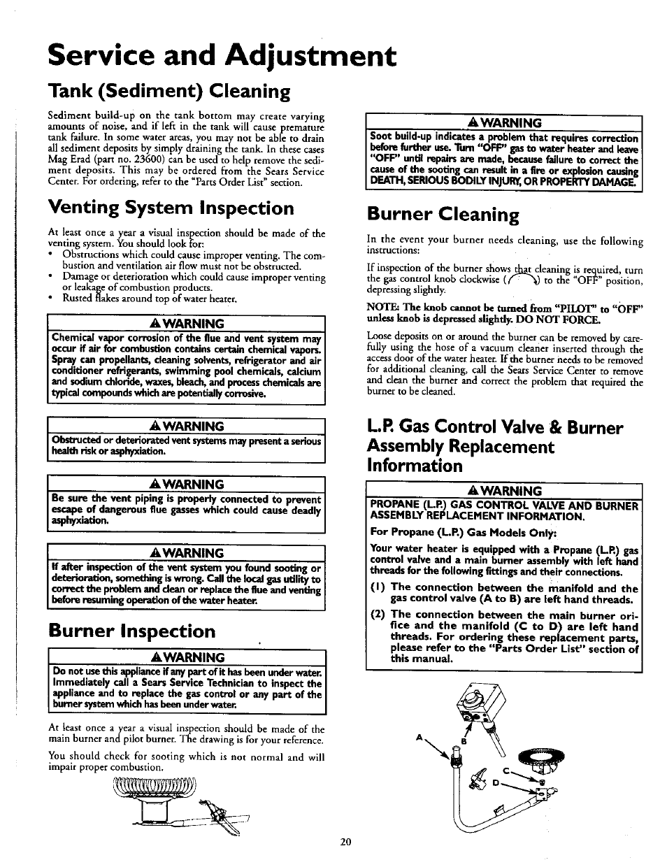 Service and adjustment, Tank (sediment) cleaning, Venting system inspection | Awarning, Burner inspection, Burner cleaning, Tank (sediment) cleaning venting system inspection, Burner inspection burner cleaning | Kenmore POWER MISER 153.336951 User Manual | Page 16 / 28