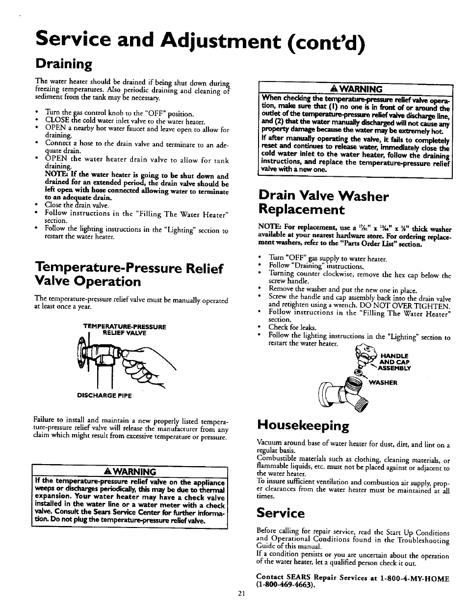 Service and adjustment (cont’d), Draining, Temperature-pressure relief valve operation | Drain valve washer replacement, Housekeeping, Service | Kenmore POWER MISER 153.336951 User Manual | Page 17 / 28