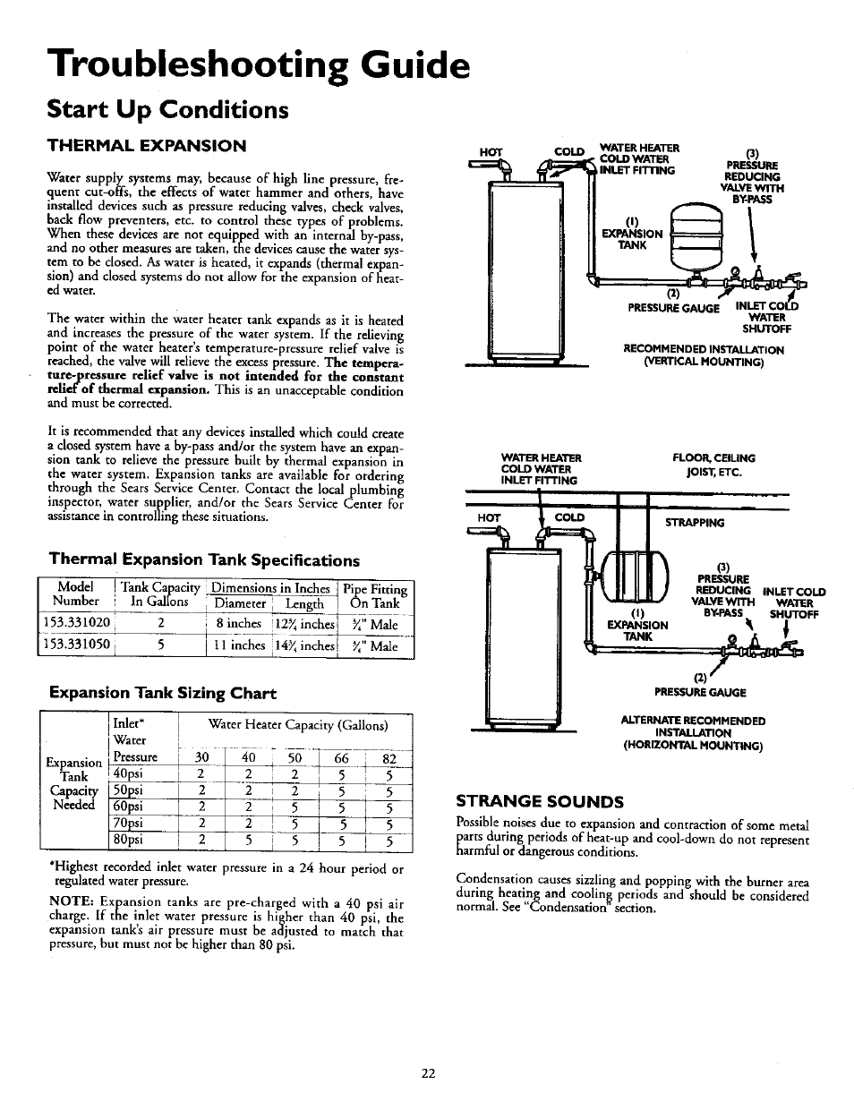 Start up conditions, Thermal expansion, Thermal expansion tank specifications | Expansion tank sizing chart, Starr up conditions -23, Troubleshooting guide | Kenmore POWER MISER 153.336951 User Manual | Page 18 / 28