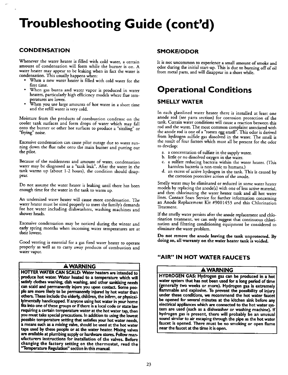 Condensation, Awarning, Smoke/odor | Operational conditions, Smelly water, Air” in hot water faucets, Condensation smoke/odor, Operational conditions -24, Smelly water “air" in hot water faucets, Troubleshooting guide (cont*d) | Kenmore POWER MISER 153.336951 User Manual | Page 19 / 28