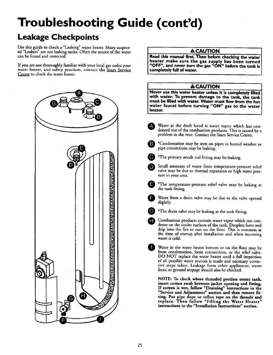 Leakage checkpoints, A caution, Acaution | Troubleshooting guide (cont’d) | Kenmore POWER MISER 153.336951 User Manual | Page 21 / 28