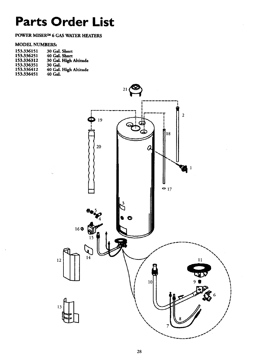 Parts order list | Kenmore POWER MISER 153.336951 User Manual | Page 24 / 28