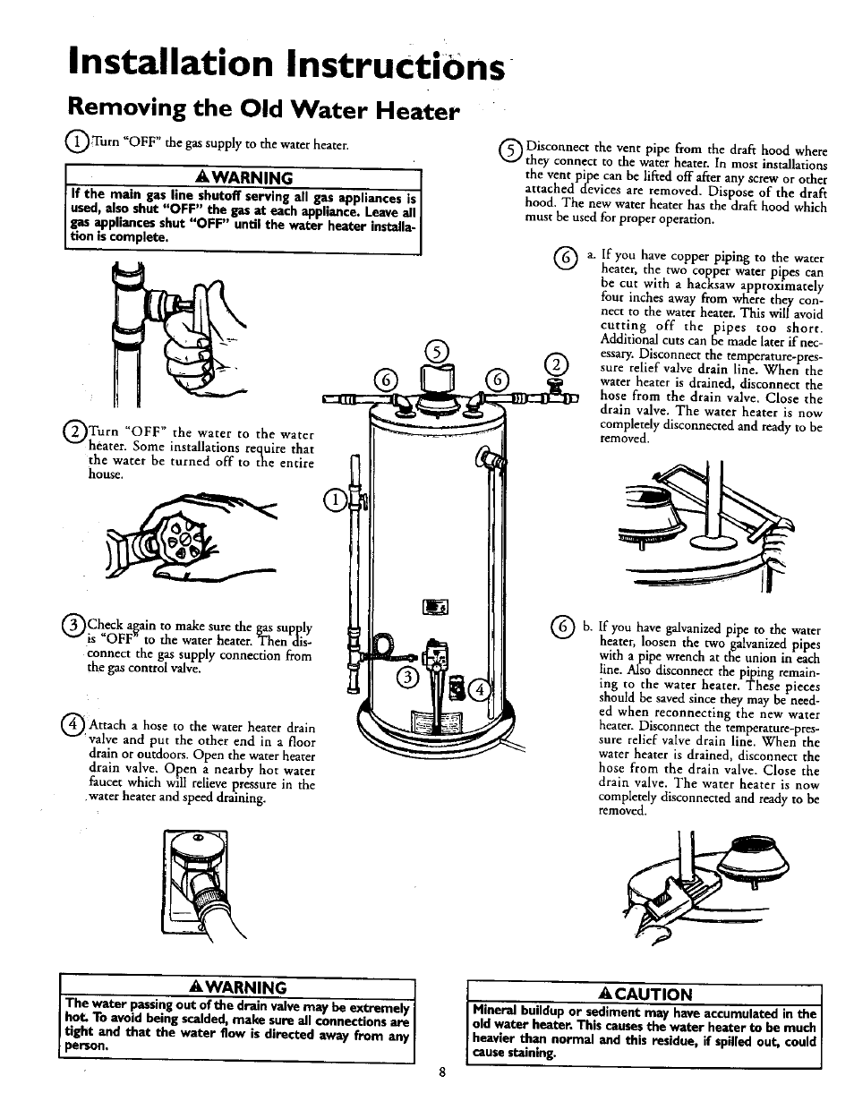 Removing the old water heater, Awarning, A caution | Installation instructidns | Kenmore POWER MISER 153.336951 User Manual | Page 8 / 28