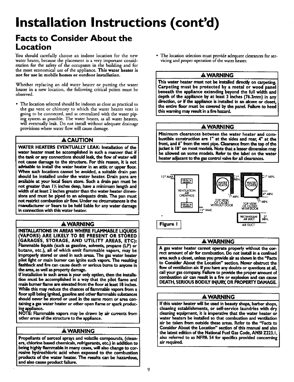 Facts to consider about the location, Acaution, Awarning | Installation instructions (cont’d) | Kenmore POWER MISER 153.336951 User Manual | Page 9 / 28