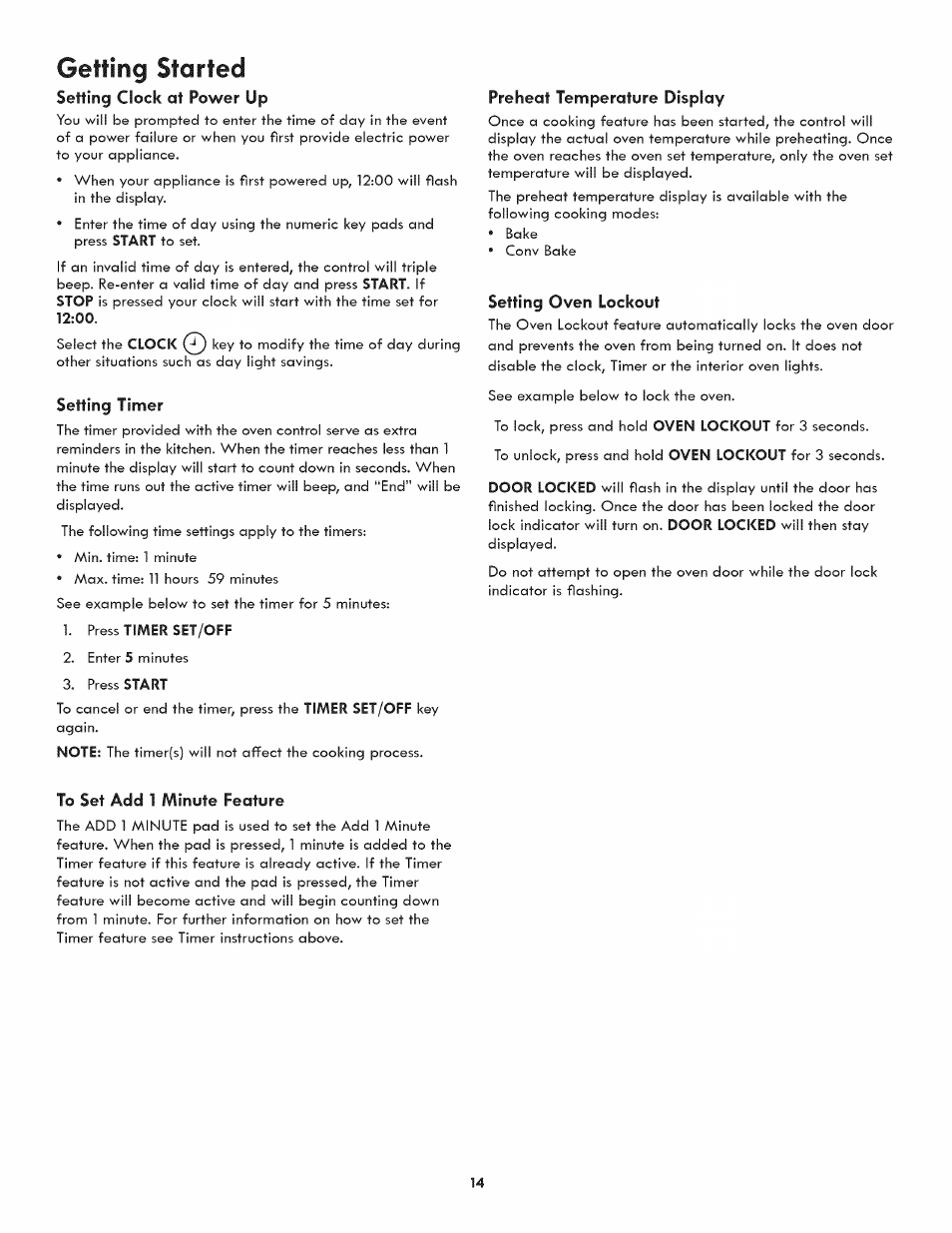 Setting clock at power up, Setting tinner, Preheat temperature display | Setting oven lockout, To set add 1 minute feature, Getting started | Kenmore ELITE 790-4501 User Manual | Page 14 / 40