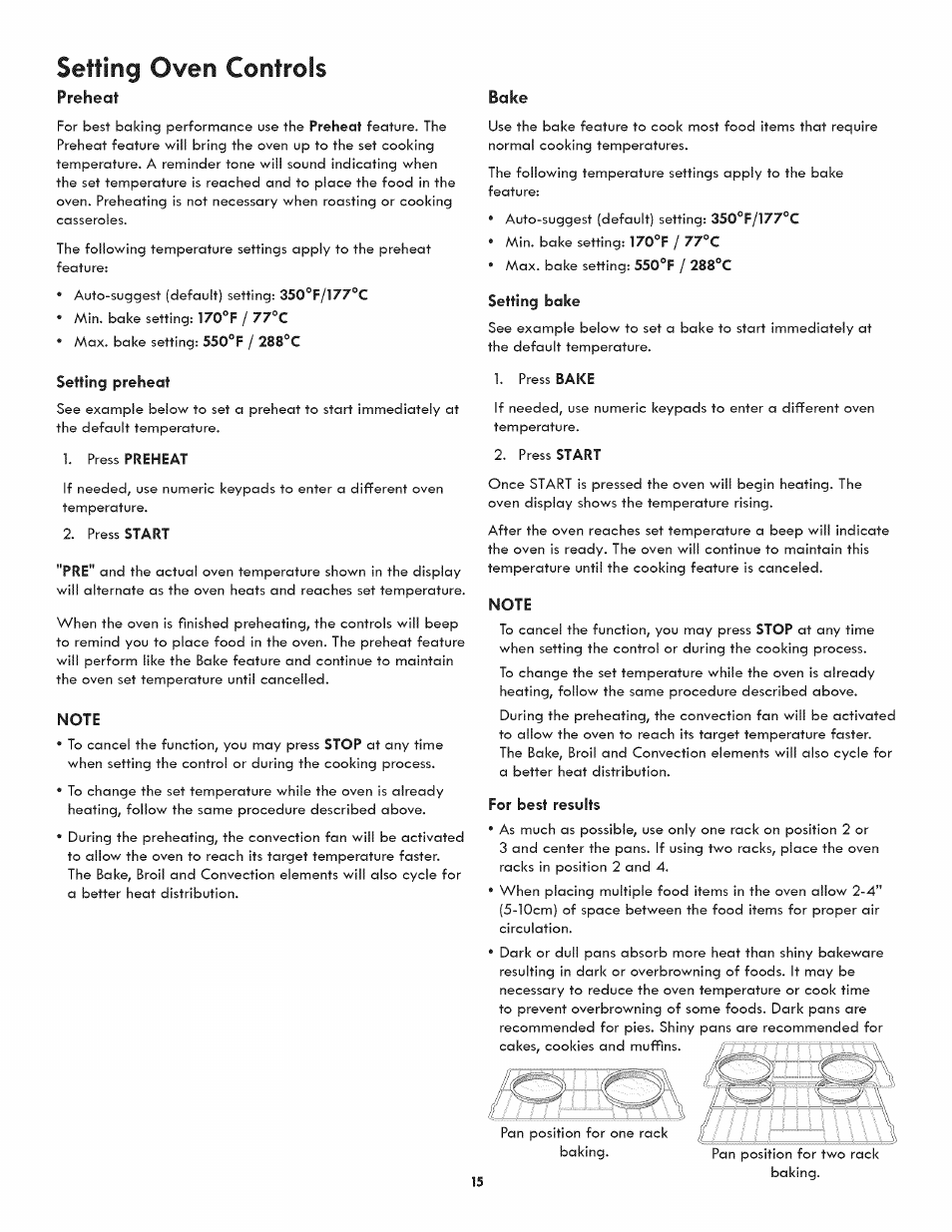 Preheat, Bake, Setting oven controls | Setting preheat, Setting bake, For best results | Kenmore ELITE 790-4501 User Manual | Page 15 / 40