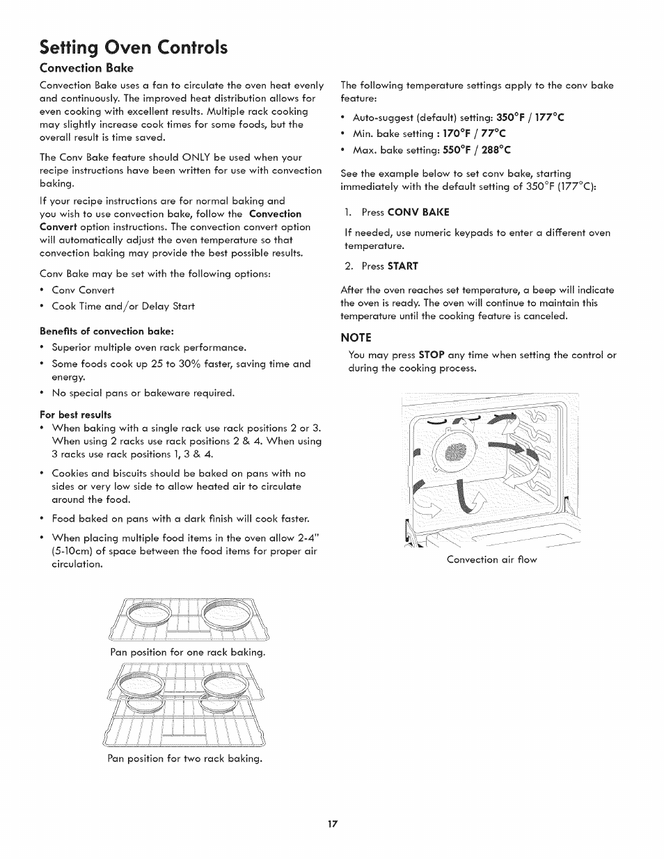 Convection bake, Note, Setting oven controls | Kenmore ELITE 790-4501 User Manual | Page 17 / 40
