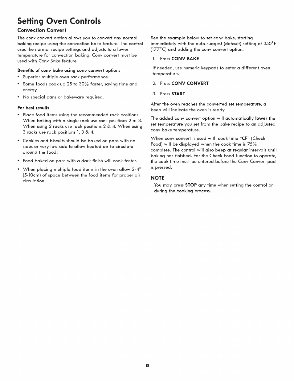 Convection convert, Note, Setting oven controls | Kenmore ELITE 790-4501 User Manual | Page 18 / 40
