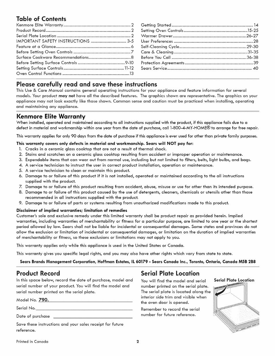 Tobie ©f contents, Please carefully read and save these instructions, Kenmore elite warranty | Product record, Serial plate location | Kenmore ELITE 790-4501 User Manual | Page 2 / 40
