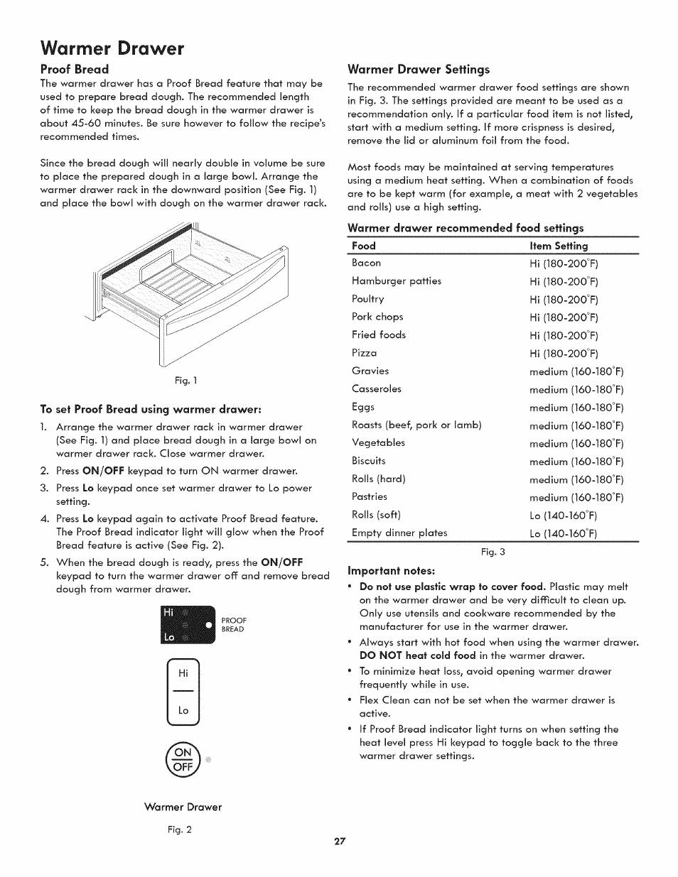 Proof bread, To set proof bread using warmer drawer, Warmer drawer settings | Warmer drawer | Kenmore ELITE 790-4501 User Manual | Page 27 / 40