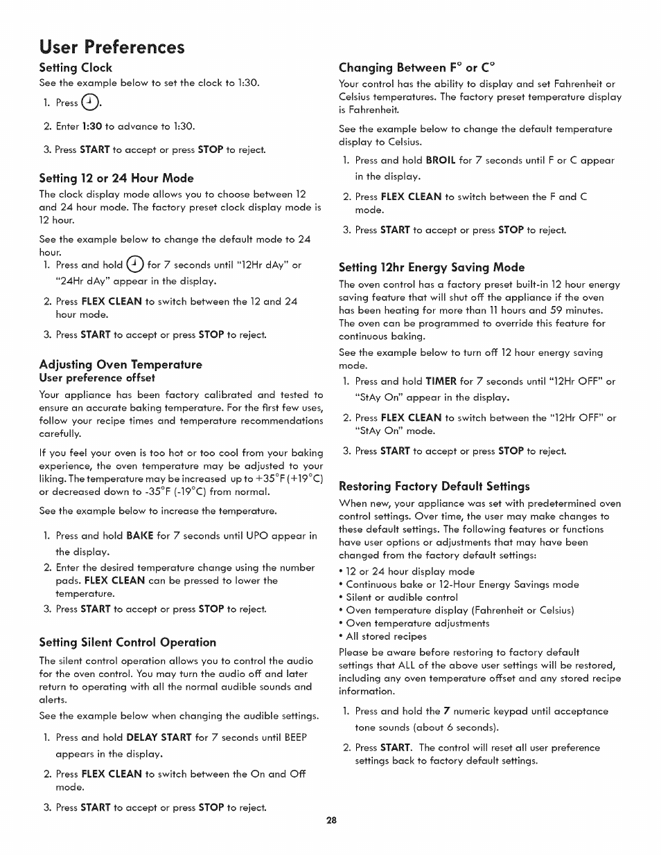Setting clock, Setting 12 or 24 hour mode, Adjusting oven temperature user preference offset | Setting silent control operation, Changing between f° or c, Setting 12hr energy saving mode, Restoring factory default settings, User preferences | Kenmore ELITE 790-4501 User Manual | Page 28 / 40