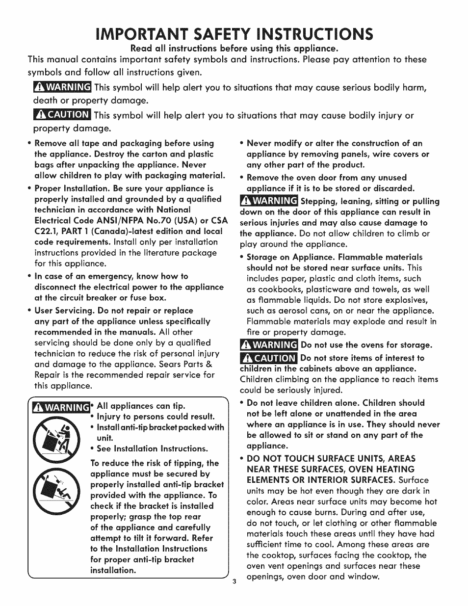 Important safety instructions | Kenmore ELITE 790-4501 User Manual | Page 3 / 40