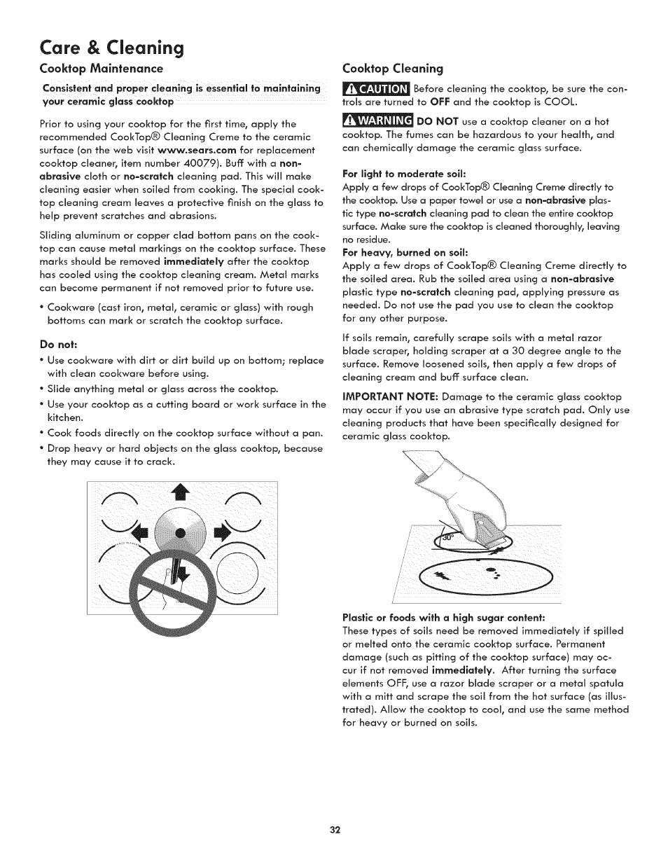 Cooktop maintenance, Do not, Cooktop cleaning | Care & cleaning | Kenmore ELITE 790-4501 User Manual | Page 32 / 40