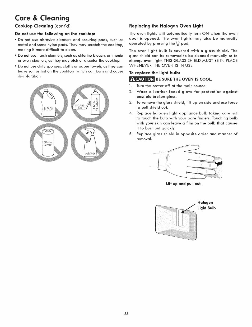 Do not use the following on the cooktop, Replacing the halogen oven light, Be sure the oven is cool | Halogen light bulb, Care & cleaning | Kenmore ELITE 790-4501 User Manual | Page 33 / 40