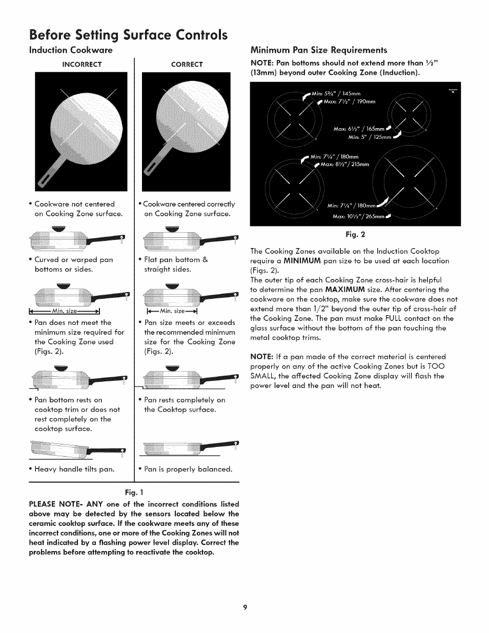 Induction cookware, Minimum pan size requirements, Before setting surface controls | Kenmore ELITE 790-4501 User Manual | Page 9 / 40