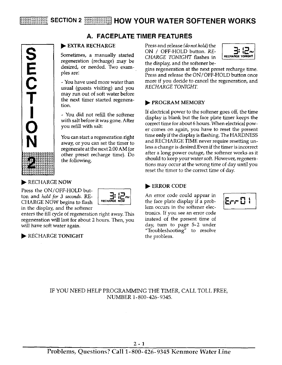 How your water softener works, A. faceplate timer features, Err u | Kenmore 625.38816 User Manual | Page 10 / 32