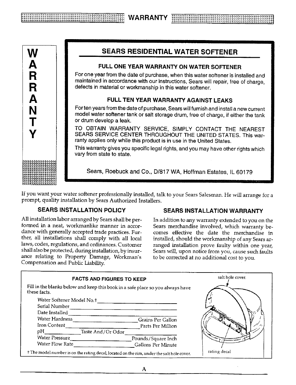 Warranty, Sears residential water softener | Kenmore 625.38816 User Manual | Page 2 / 32