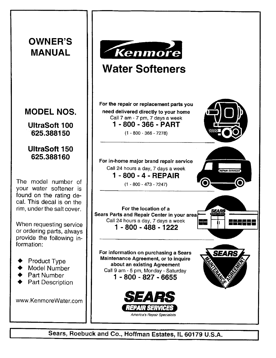 Water softeners, Owner’s manual, Model nos | Kenmore 625.38816 User Manual | Page 32 / 32