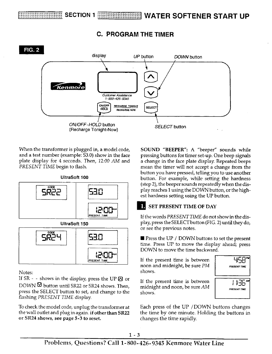 5 r 0 m, Water softener start up, C. program the timer | Fig. 2 display | Kenmore 625.38816 User Manual | Page 6 / 32