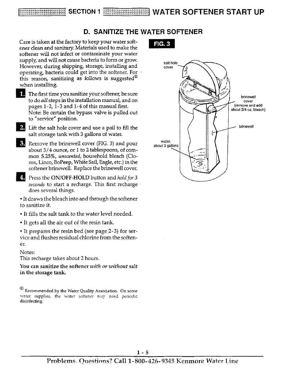 1 water softener start up, D. sanitize the water softener | Kenmore 625.38816 User Manual | Page 8 / 32