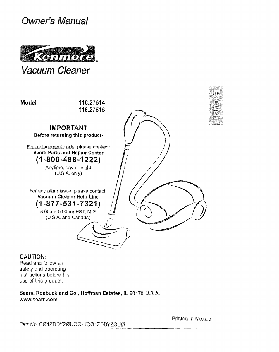 Kenmore 116.27514 User Manual | 23 pages