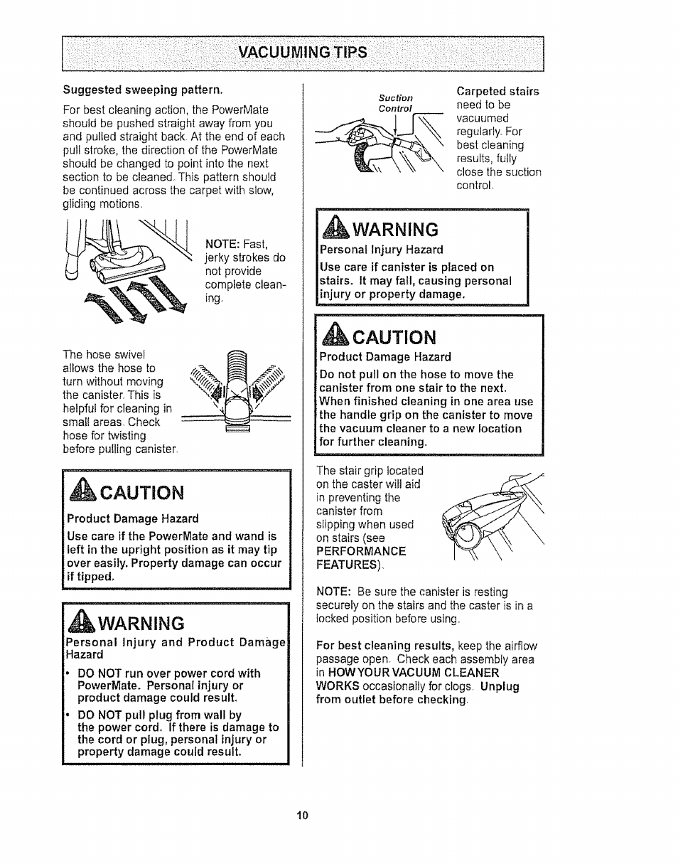 Vacuuivungtips, A warning, A caution | Warning | Kenmore 116.27514 User Manual | Page 10 / 23