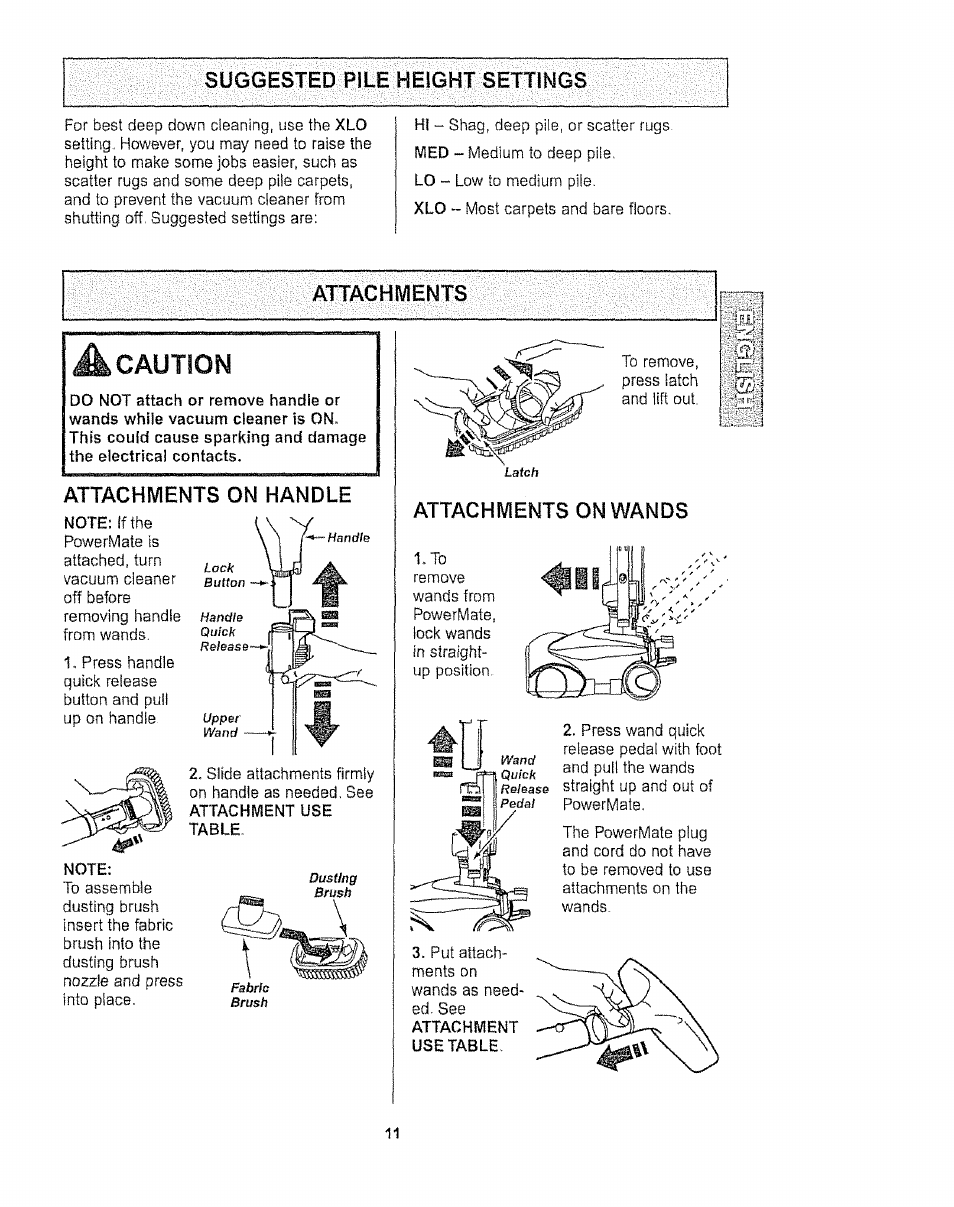 Suggested pile height settings, Attachments on handle, Note | Attachments on wands, Attachment, Usetable, Caution, Attachments | Kenmore 116.27514 User Manual | Page 11 / 23