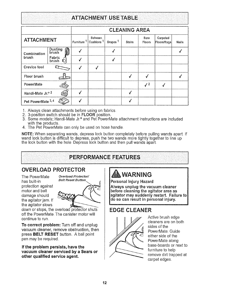 Attachmemt use table, Performance features, Overload protector | Edge cleaner, Warning | Kenmore 116.27514 User Manual | Page 12 / 23