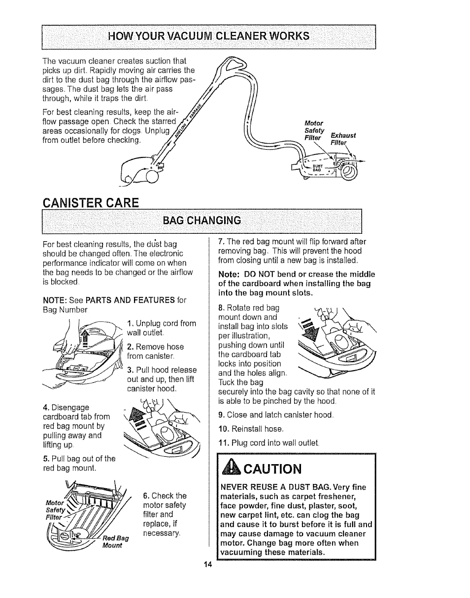 How your vacuum cleaner works, Bag changing, Note: see parts and features for | Caution, Canister care | Kenmore 116.27514 User Manual | Page 14 / 23