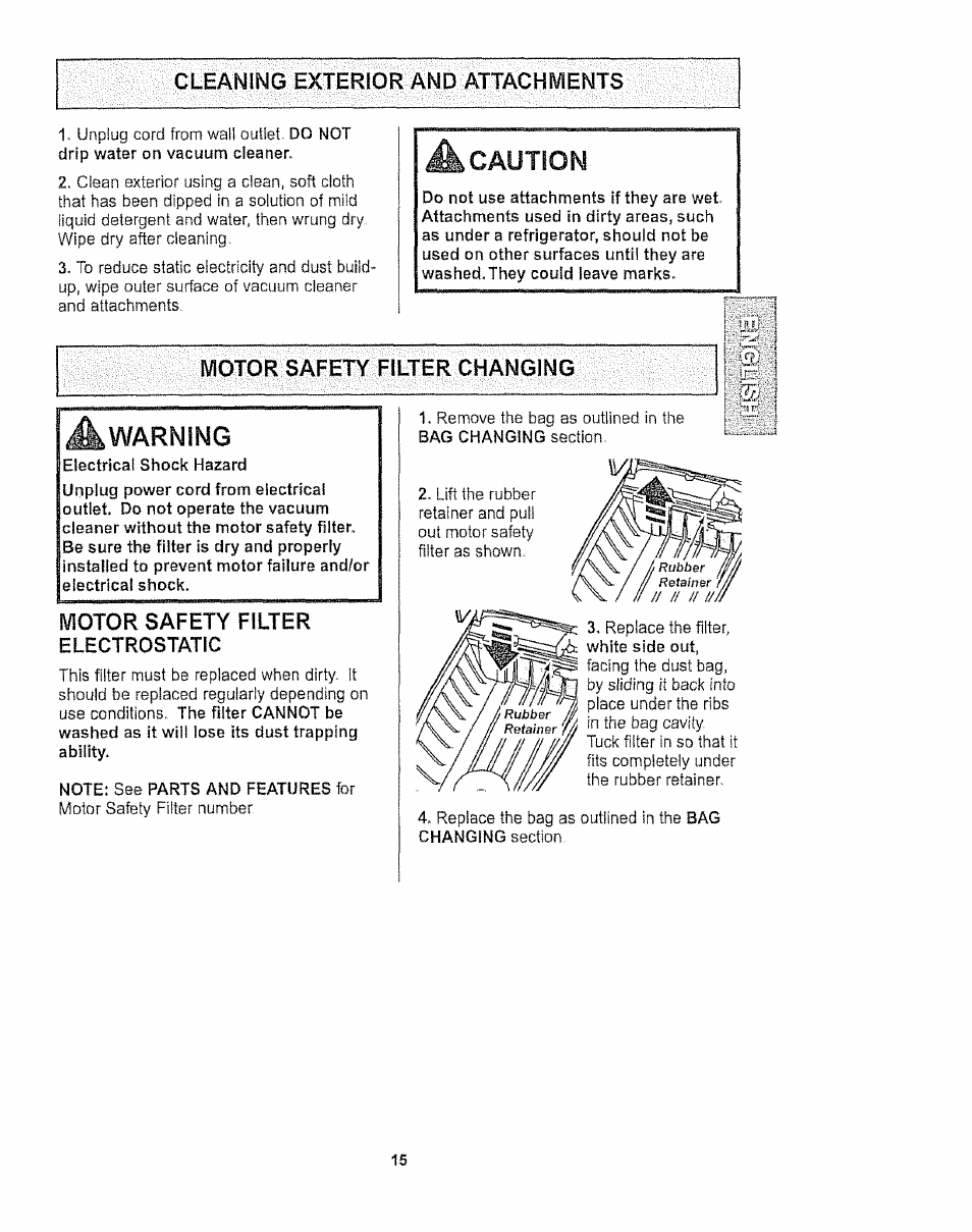 Cleaning exterior and attachívíents, J a warning, Motor safety filter electrostatic | Note: see parts and features for, Caution, A warning | Kenmore 116.27514 User Manual | Page 15 / 23