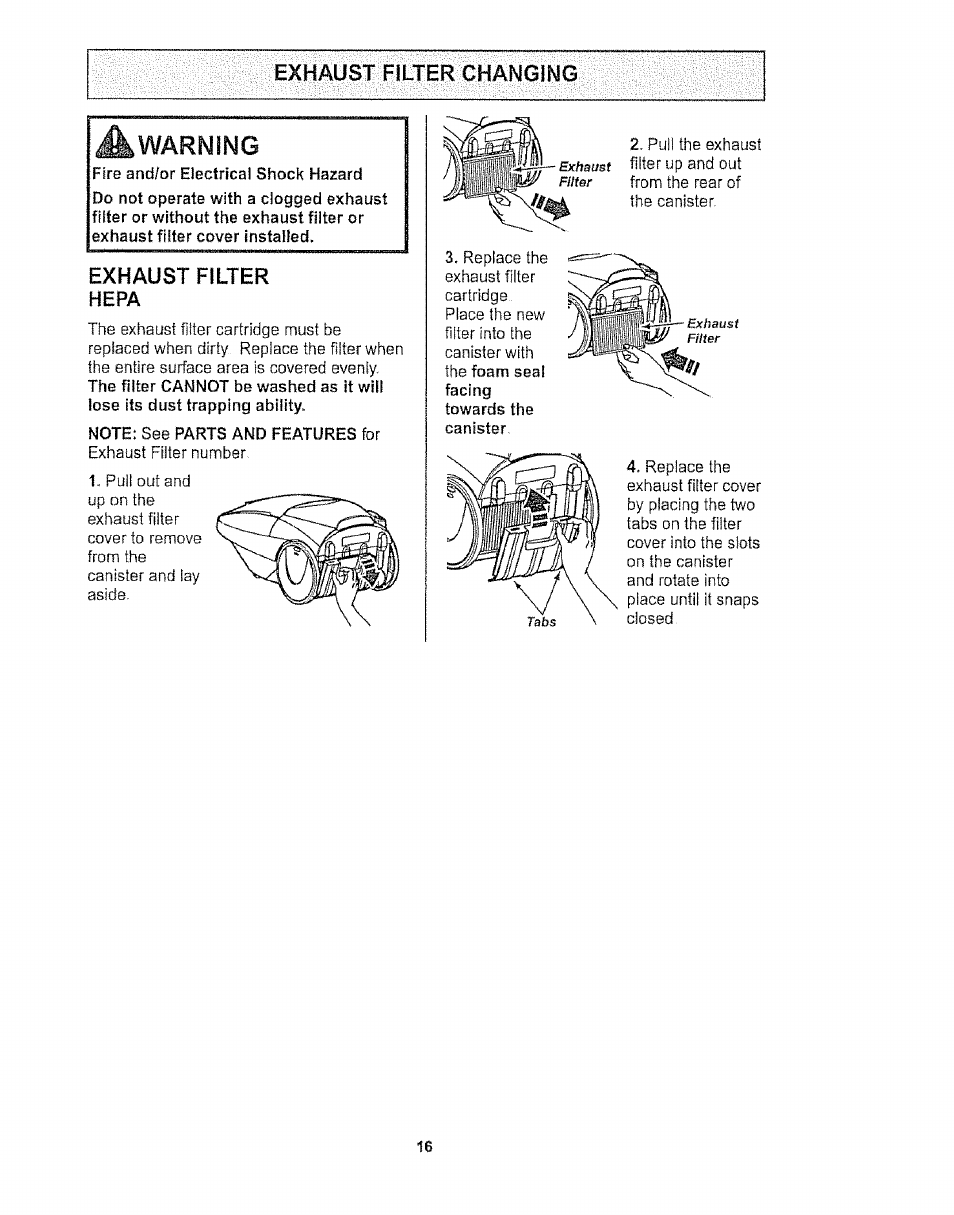 A warning, Exhaust filter hepa, Note: see parts and features for | Warning | Kenmore 116.27514 User Manual | Page 16 / 23